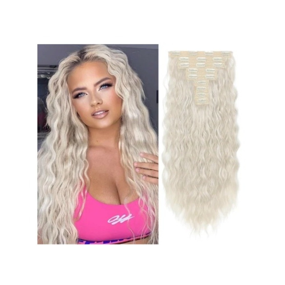REECHO 9PCS Clip in Hair Extensions 24 Inch Mermaid Wave Platinum Blonde 240g